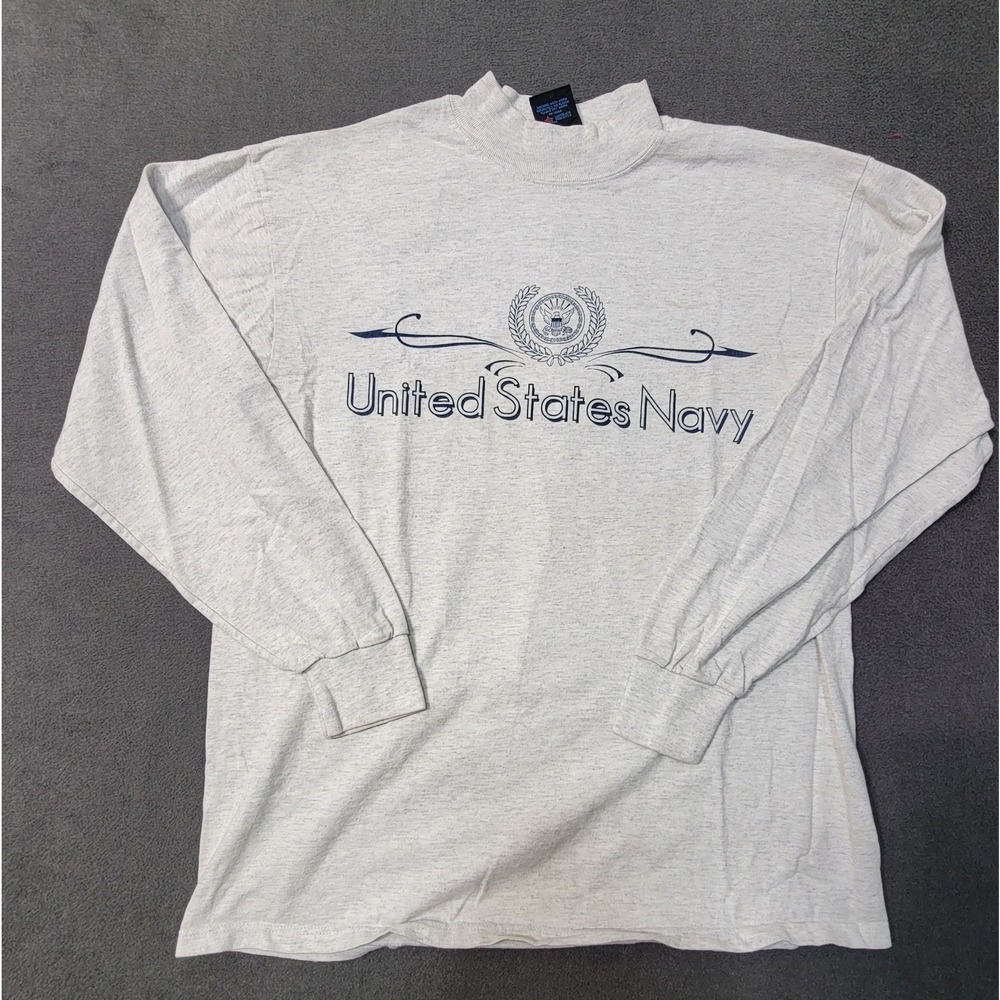 EUC VTG US Navy Sweatshirt Men L Gray Sailor Veteran 90s USA Mockneck Sweater